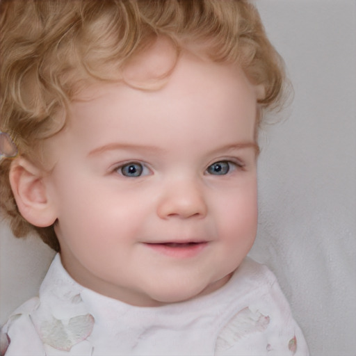 Joyful white child female with short  brown hair and blue eyes