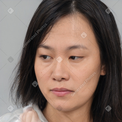 Joyful asian young-adult female with long  brown hair and brown eyes