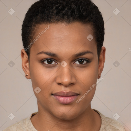 Joyful black young-adult female with short  brown hair and brown eyes