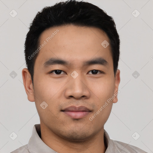 Neutral asian young-adult male with short  black hair and brown eyes