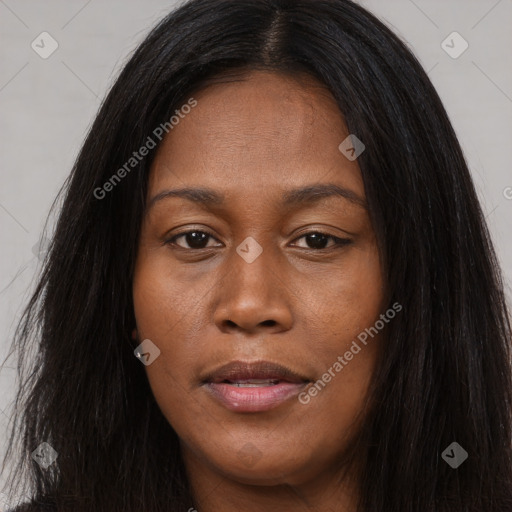 Joyful asian young-adult female with long  brown hair and brown eyes