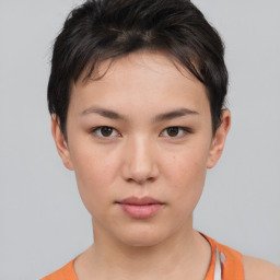 Neutral white young-adult female with short  brown hair and brown eyes