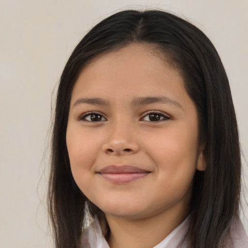 Joyful asian child female with long  brown hair and brown eyes