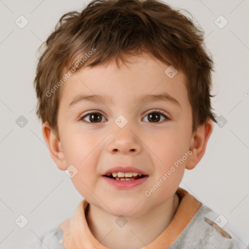 Joyful white child male with short  brown hair and brown eyes