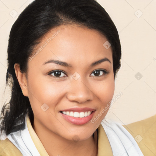 Joyful white young-adult female with medium  brown hair and brown eyes