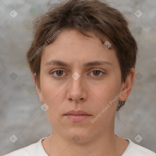 Neutral white young-adult female with short  brown hair and brown eyes