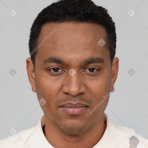 Neutral latino young-adult male with short  black hair and brown eyes