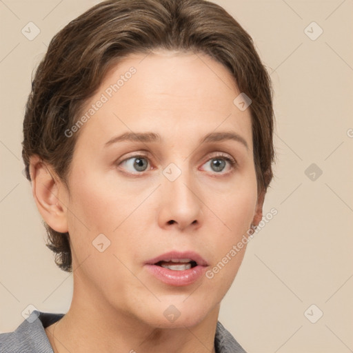 Neutral white adult female with short  brown hair and grey eyes