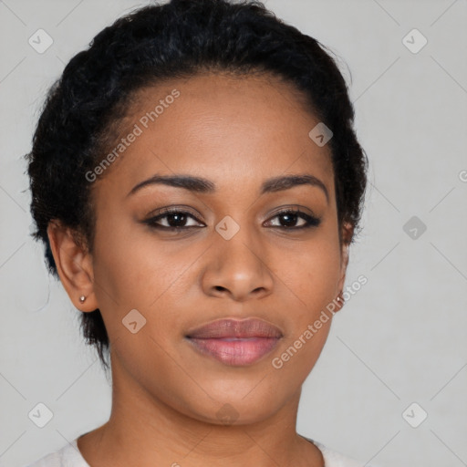 Joyful latino young-adult female with short  black hair and brown eyes