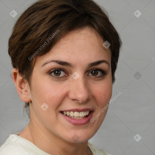 Joyful white young-adult female with short  brown hair and brown eyes