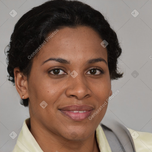 Joyful latino adult female with short  brown hair and brown eyes