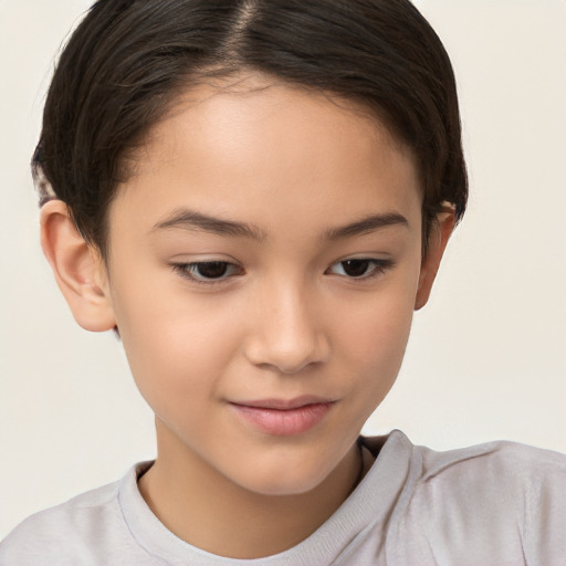 Joyful white child female with short  brown hair and brown eyes