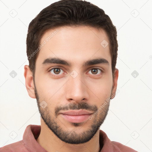 Neutral white young-adult male with short  brown hair and brown eyes