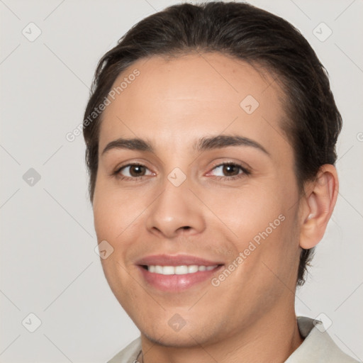 Joyful white young-adult female with short  brown hair and brown eyes