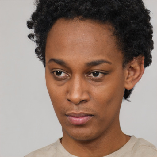 Neutral black young-adult female with short  black hair and brown eyes