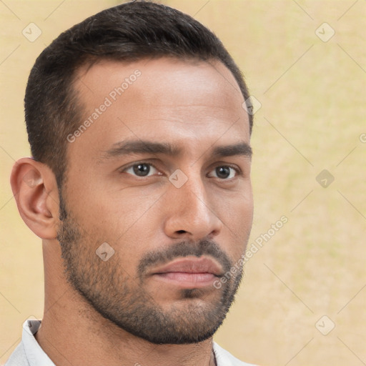 Neutral white young-adult male with short  brown hair and brown eyes