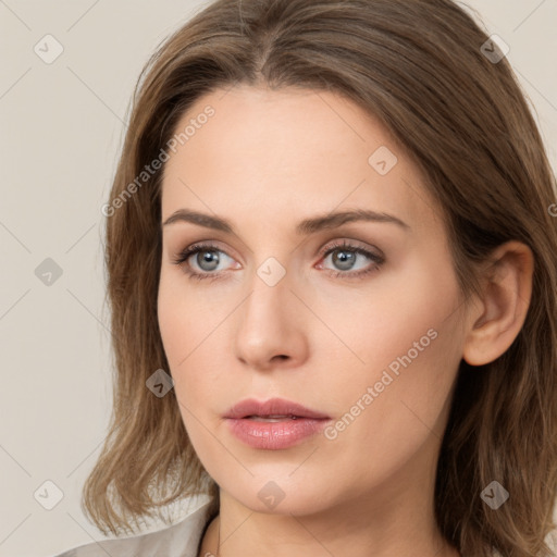 Neutral white young-adult female with long  brown hair and grey eyes