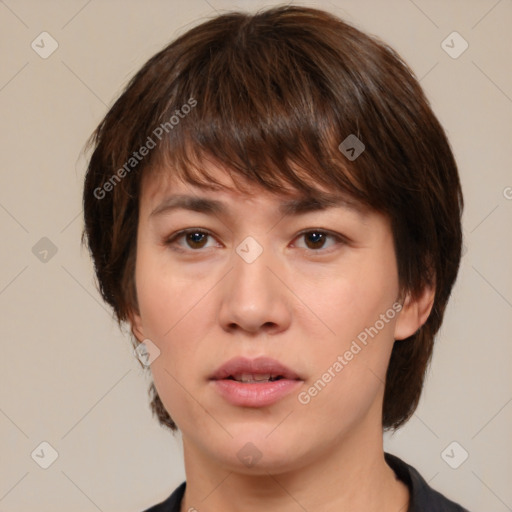 Neutral white young-adult female with medium  brown hair and brown eyes