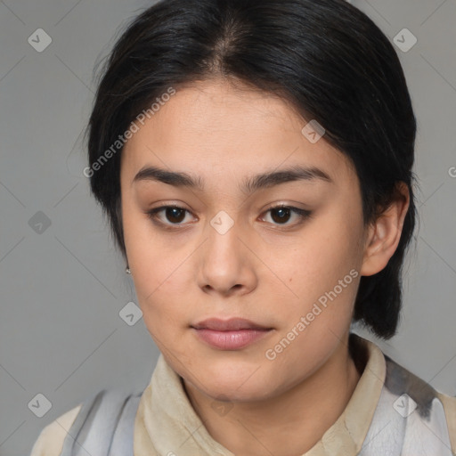 Neutral asian young-adult female with medium  brown hair and brown eyes