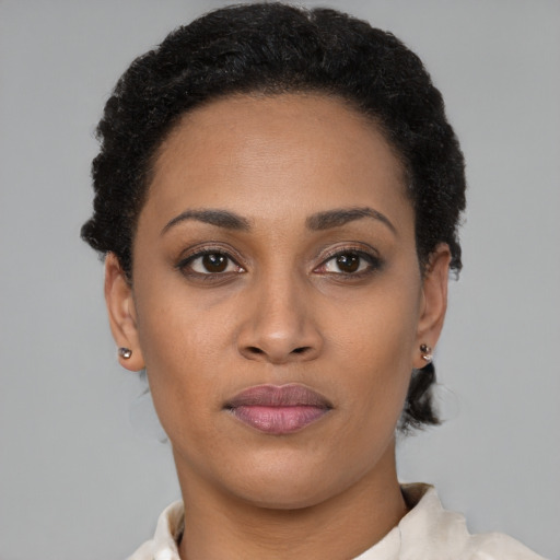 Neutral black young-adult female with short  brown hair and brown eyes