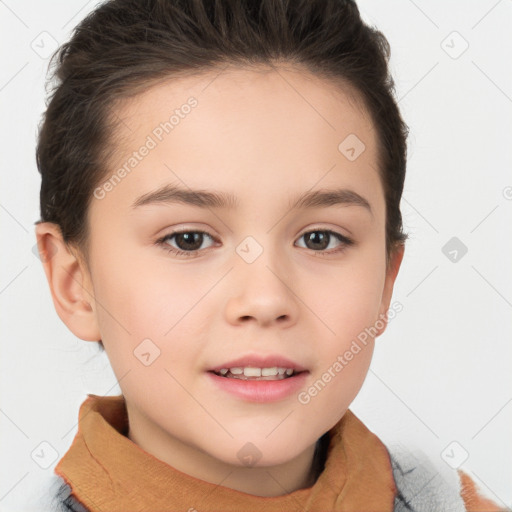 Joyful white child female with short  brown hair and brown eyes