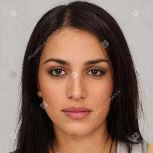 Neutral white young-adult female with long  brown hair and brown eyes