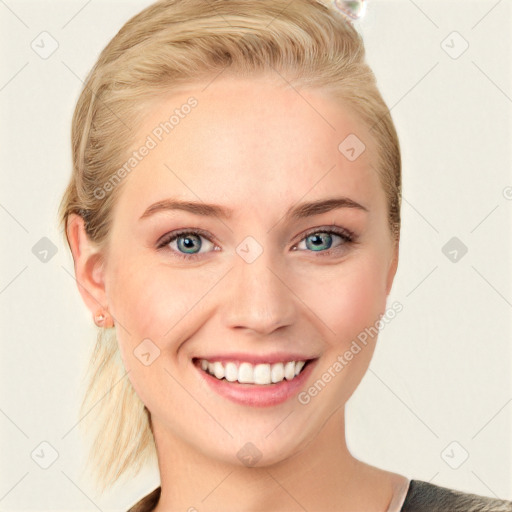 Joyful white young-adult female with medium  brown hair and blue eyes