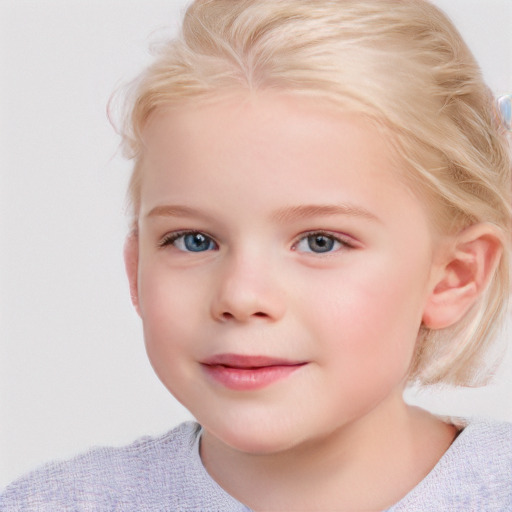 Joyful white child female with medium  blond hair and blue eyes