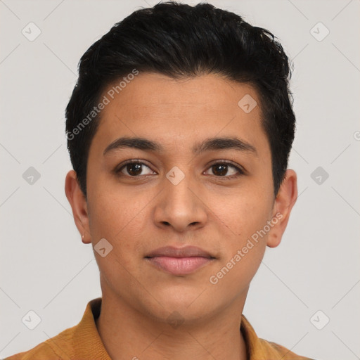 Neutral latino young-adult male with short  black hair and brown eyes