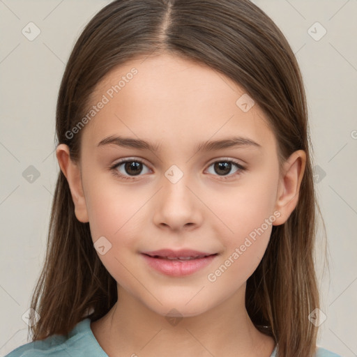 Joyful white child female with medium  brown hair and brown eyes