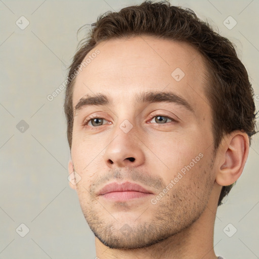 Neutral white young-adult male with short  brown hair and grey eyes