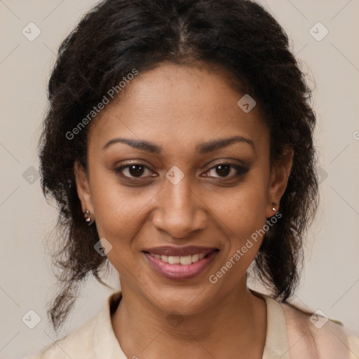 Joyful black young-adult female with medium  brown hair and brown eyes