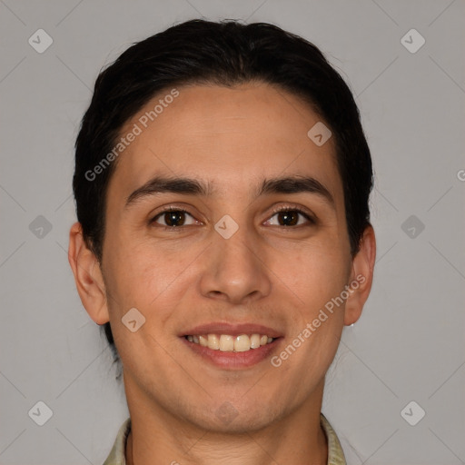 Joyful white young-adult male with short  brown hair and brown eyes