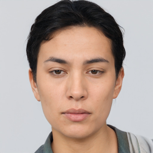 Neutral asian young-adult female with short  black hair and brown eyes