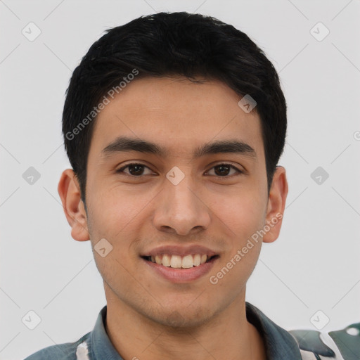 Joyful latino young-adult male with short  brown hair and brown eyes