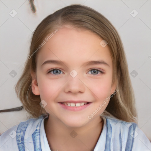 Joyful white child female with medium  brown hair and blue eyes