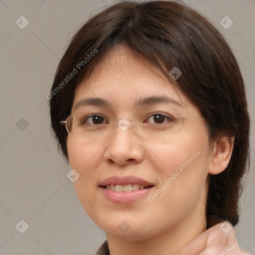 Joyful white adult female with medium  brown hair and brown eyes