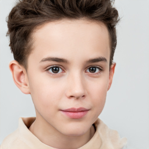 Joyful white child female with short  brown hair and brown eyes