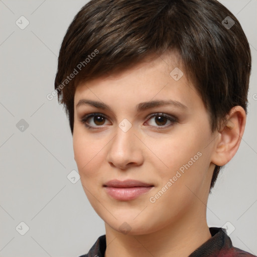 Joyful white young-adult female with short  brown hair and brown eyes