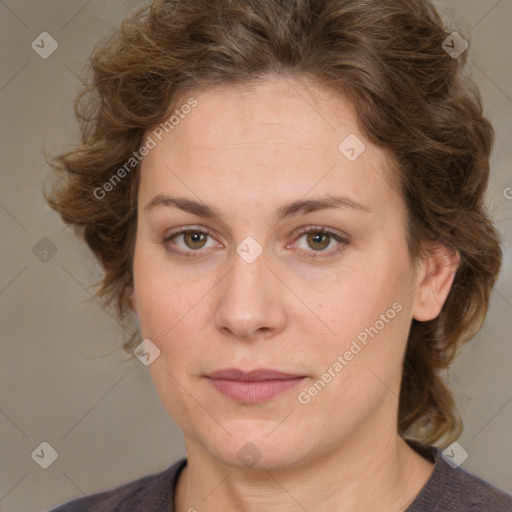 Joyful white young-adult female with medium  brown hair and green eyes