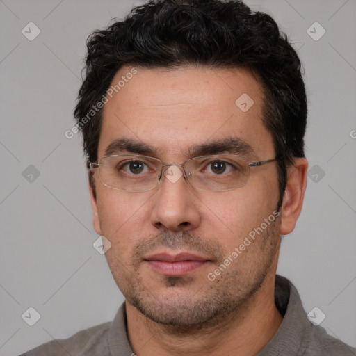 Neutral white adult male with short  black hair and brown eyes