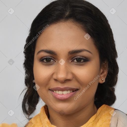 Joyful latino young-adult female with medium  brown hair and brown eyes