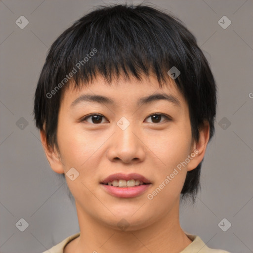 Joyful asian young-adult female with short  brown hair and brown eyes