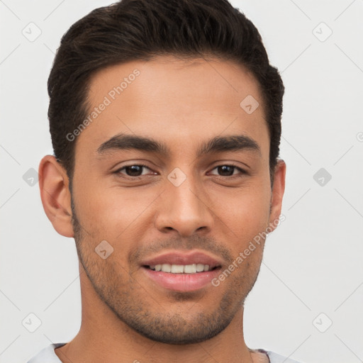 Joyful white young-adult male with short  brown hair and brown eyes