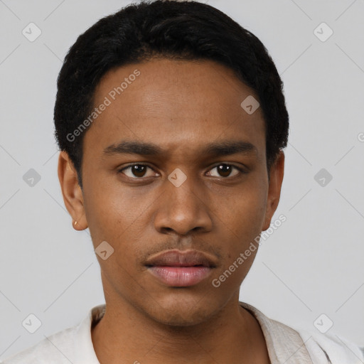 Neutral black young-adult male with short  black hair and brown eyes