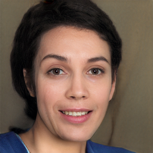 Joyful white young-adult female with medium  black hair and brown eyes