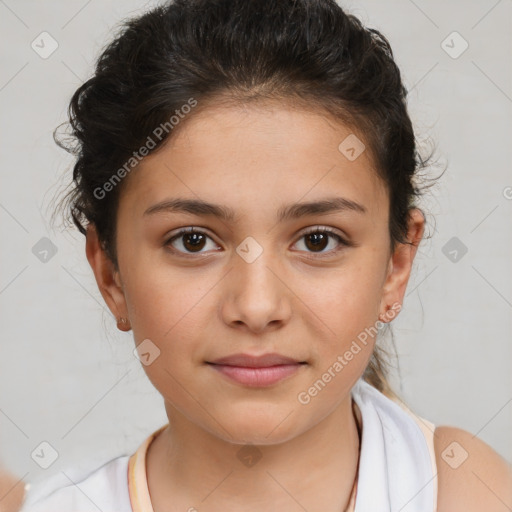 Joyful white child female with short  brown hair and brown eyes