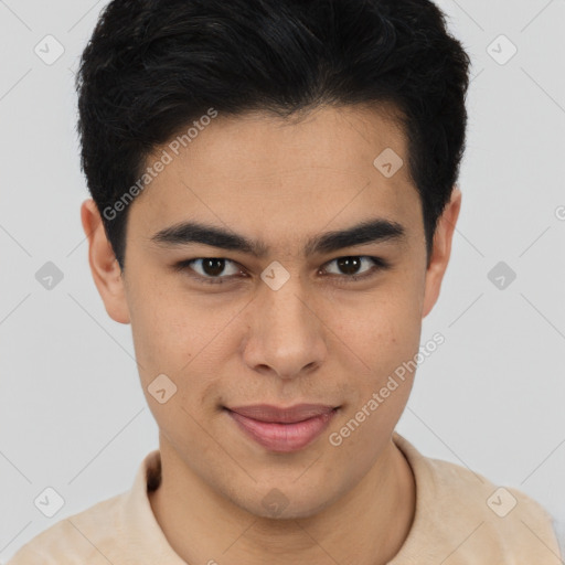 Joyful latino young-adult male with short  brown hair and brown eyes