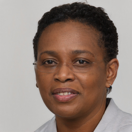 Joyful black adult female with short  brown hair and brown eyes