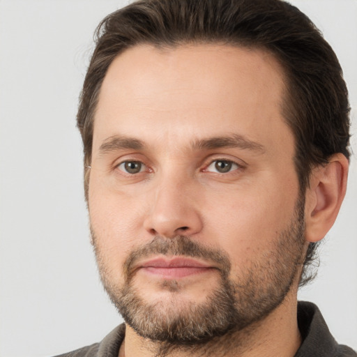 Joyful white adult male with short  brown hair and brown eyes